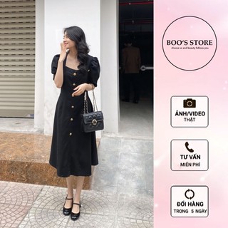 Váy boo's store váy cổ vuông nhiều cúc vàng dáng dài