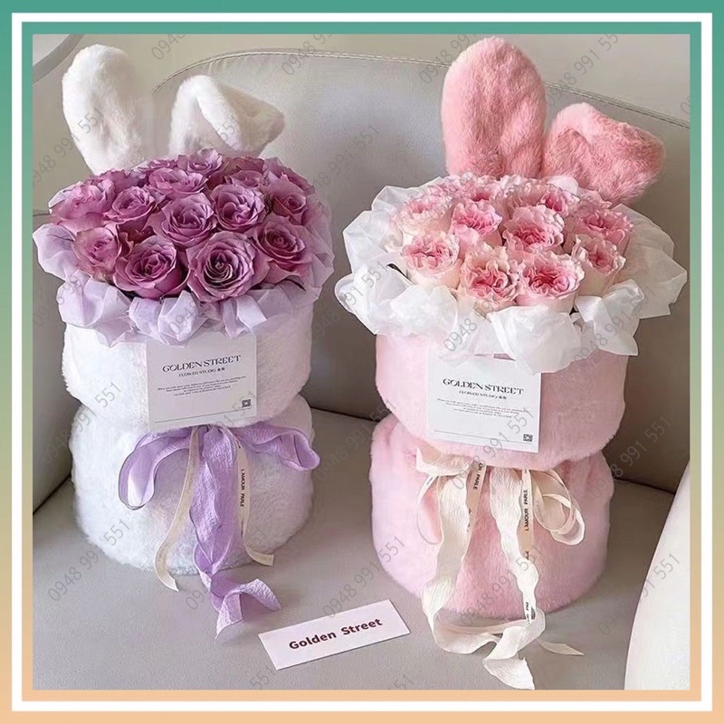 Vải lông mịn tai thỏ bó hoa phong cách hàn quốc hiện đại, xinh xắn