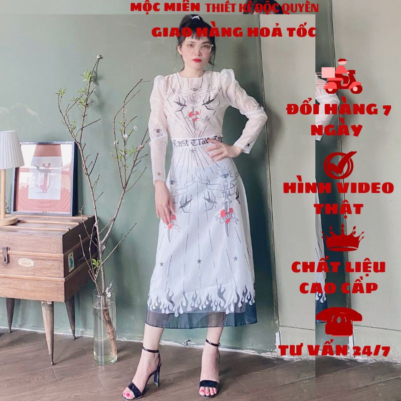 Đầm cổ tròn tay phồng dáng dài hoạ tiết dộc lạ chất voan kèm lót dày sang trọng thanh lịch DX001