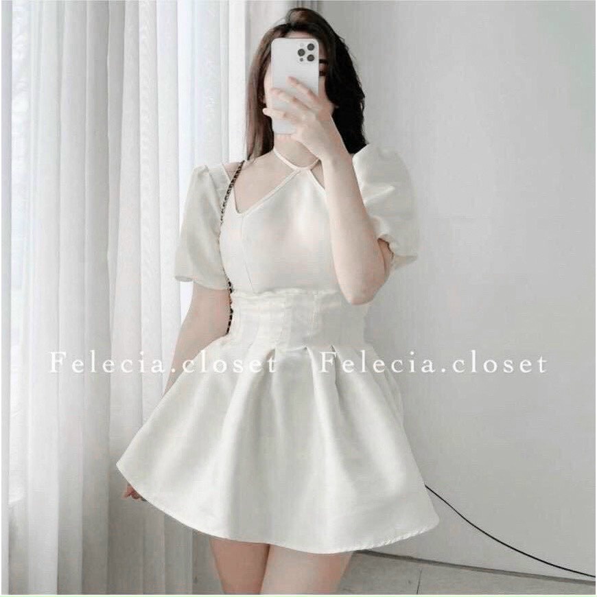 Set áo cổ yếm tay phồng xếp ly eo và quần ngắn GuFashion