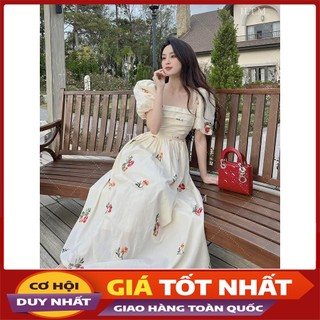 Váy Nữ Xòe Dáng Dài Hoa Thô Cổ Vuông Tay Bồng Hàng Quảng Châu V3083 - Violet