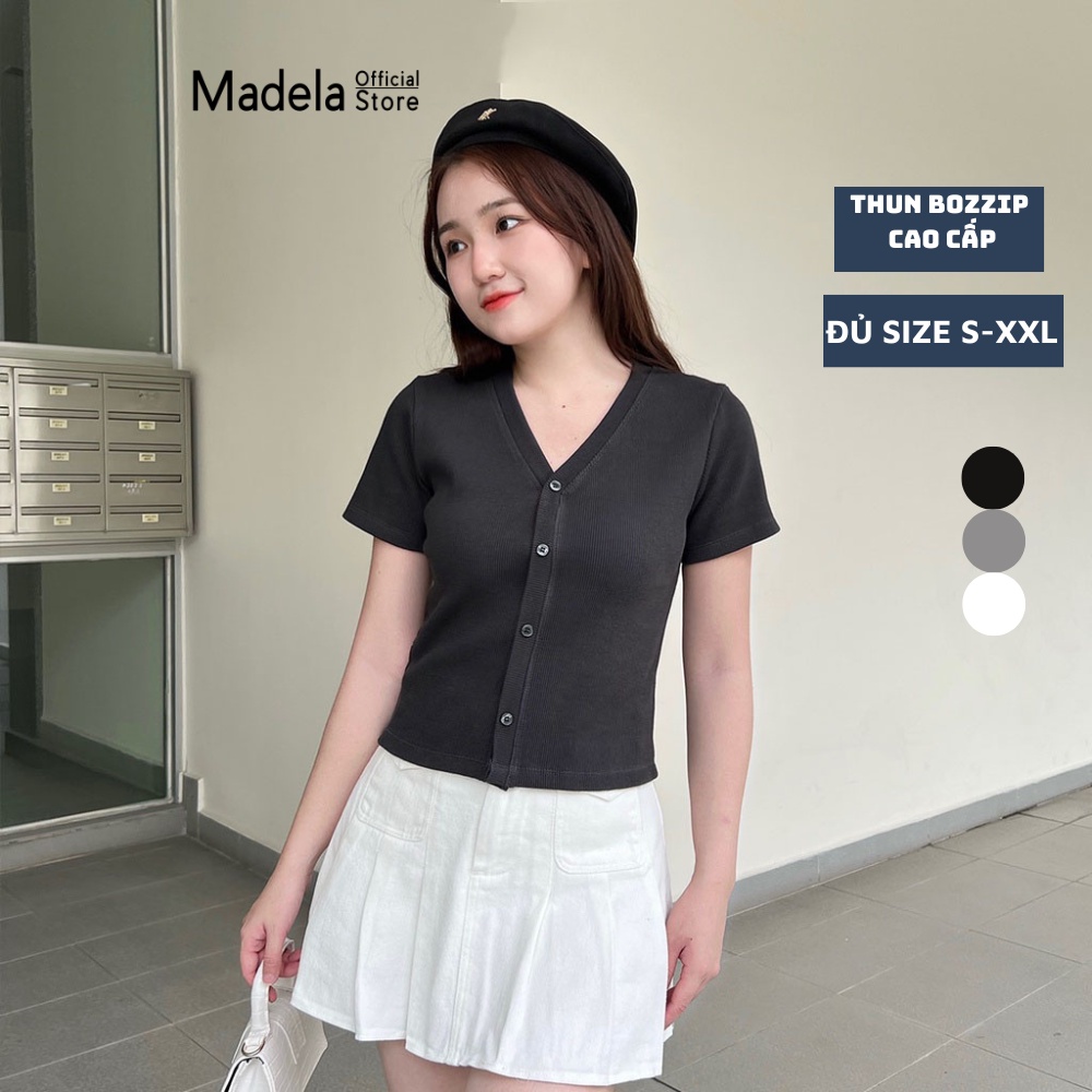 Áo thun gân tăm cổ chữ V nữ tay ngắn MADELA dáng ôm có bigsiz, croptop thun cổ tim dày dặn siêu tôn dáng có bigsize&lt;65kg