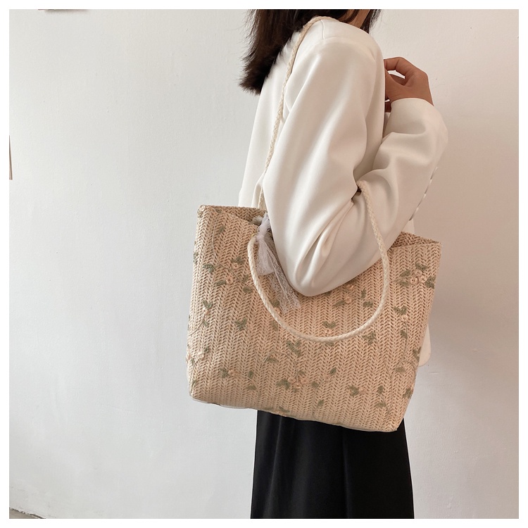 Túi Xách Nữ Đi Chơi Du Lịch Chất Liệu Cói Thời Trang Đeo Vai Thời Trang Họa Thiết Thêu Hoa Nhỏ Phong Cách Cho Nữ T02