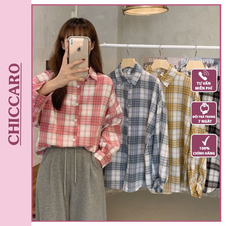 Áo sơ mi nữ form rộng kẻ sọc caro tay dài hàng Quảng Châu đẹp CHICCARO SM01
