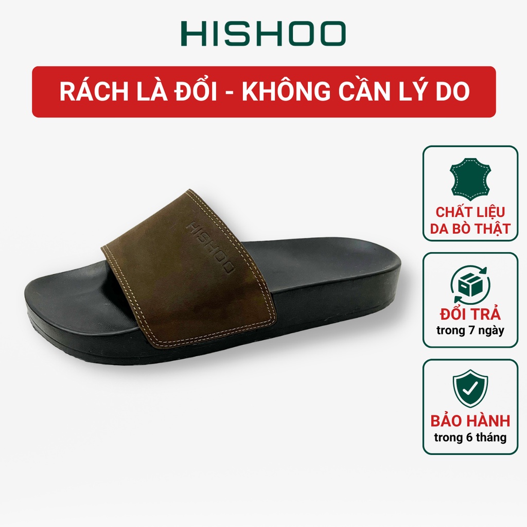 Dép quai ngang slipper nam, nữ da bò thật siêu nhẹ HISHOO đen trắng cao cấp thời trang size 36 - 43 U099