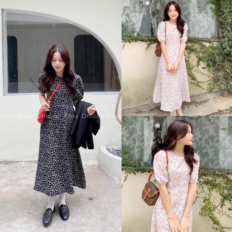 Đầm hoa nhí dáng dài thắt nơ sau váy hoa nhí nữ tay ngắn cổ tròn ulzzang hai màu