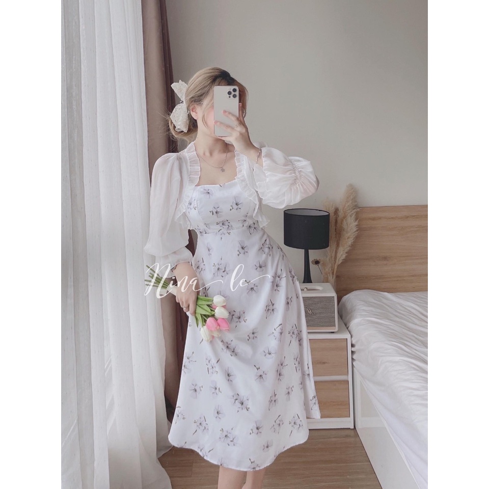 Set váy 2 dây voan hoa tím tiểu thư, đầm hoa xòe kèm áo khoác voan đi biển, váy 2 dây hoa nhí nhẹ nhàng mùa hè