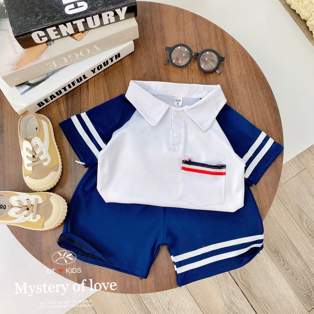 Bộ Cộc Tay Bé Trai, Bộ Polo Phối Kẻ Có Cà Vạt Xịn Sò Cho Bé Trai Từ 8 - 25kg