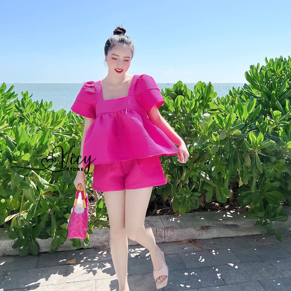 Set đồ nữ đi chơi áo babydoll quần short chất dạ xước, Set bộ dể thương Vicy SBO004