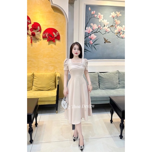 Đầm thiết kế cổ vuông xoè A chát liệu umi tuyết