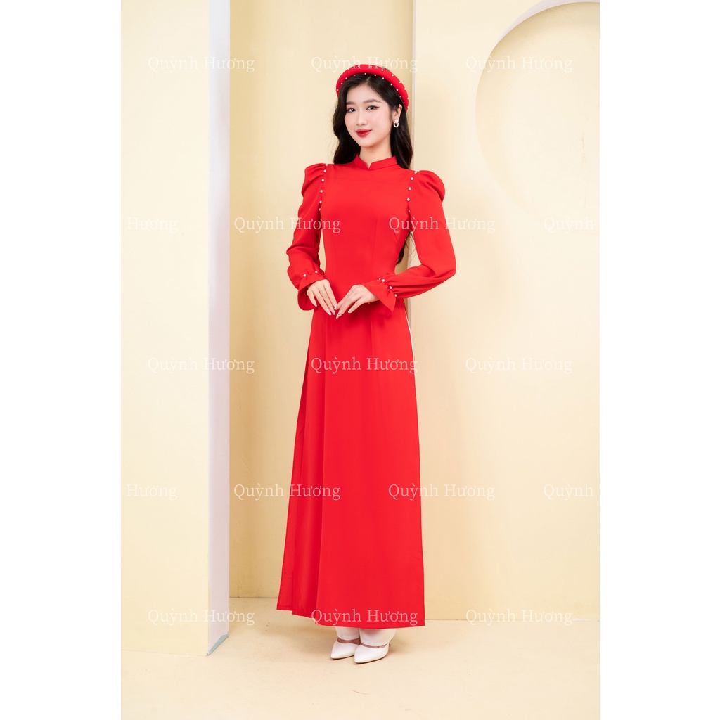 Áo dài truyền thống lụa mỹ đỏ tay chun đính hạt trai siêu xinh by Quỳnh Hương