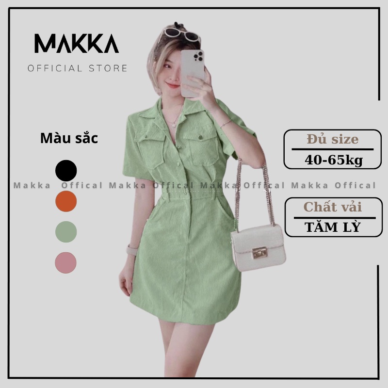 Váy sơ mi liền thân MAKKA Đầm váy sơ mi nhung tăm lỳ ngắn 553