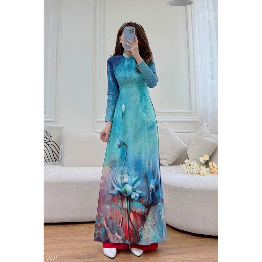 Áo dài nữ truyền thống MINH KHANG vải lụa Nhật in 6D quần màu xanh phù hợp mặc chịp ảnh, dự tiệc,sự kiện