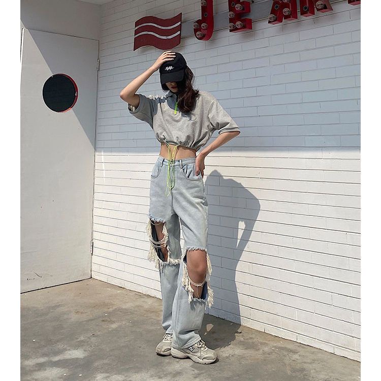 Jiashucheng Quần Jean Dài Lưng Cao Dáng Rộng Phối Rách Kiểu Retro Thời Trang Mùa Hè Cho Nữ