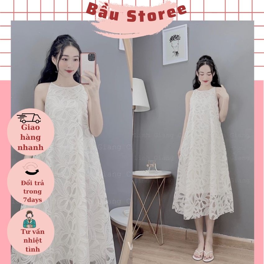 ĐẦM BẦU CỔ YẾM,VÁY HOA NỔI REN TIỂU THƯ- VÁY BẦU THIẾT KẾ XINH XẮN ĐI BIỂN ĐI DỰ TIỆC