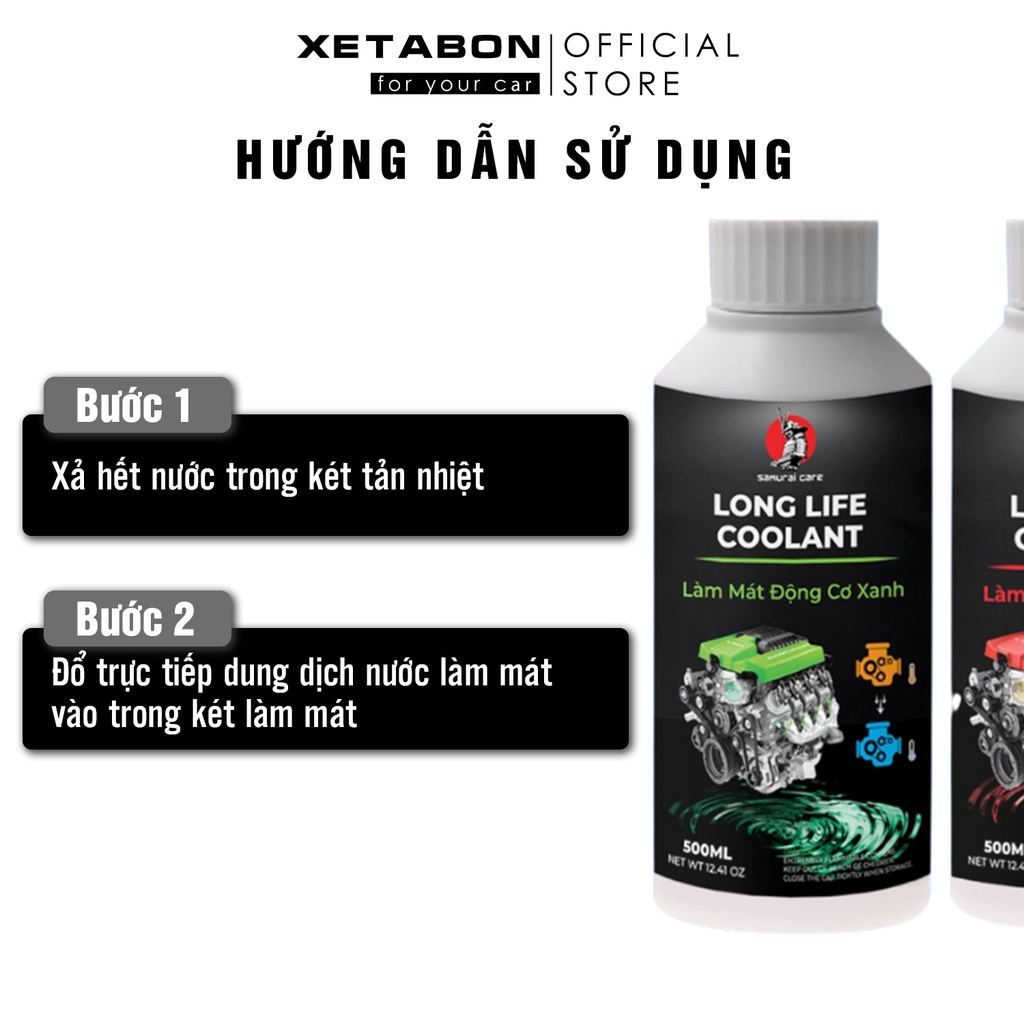 Nước làm mát động cơ ô tô Samurai Care màu đỏ và màu xanh 500ml