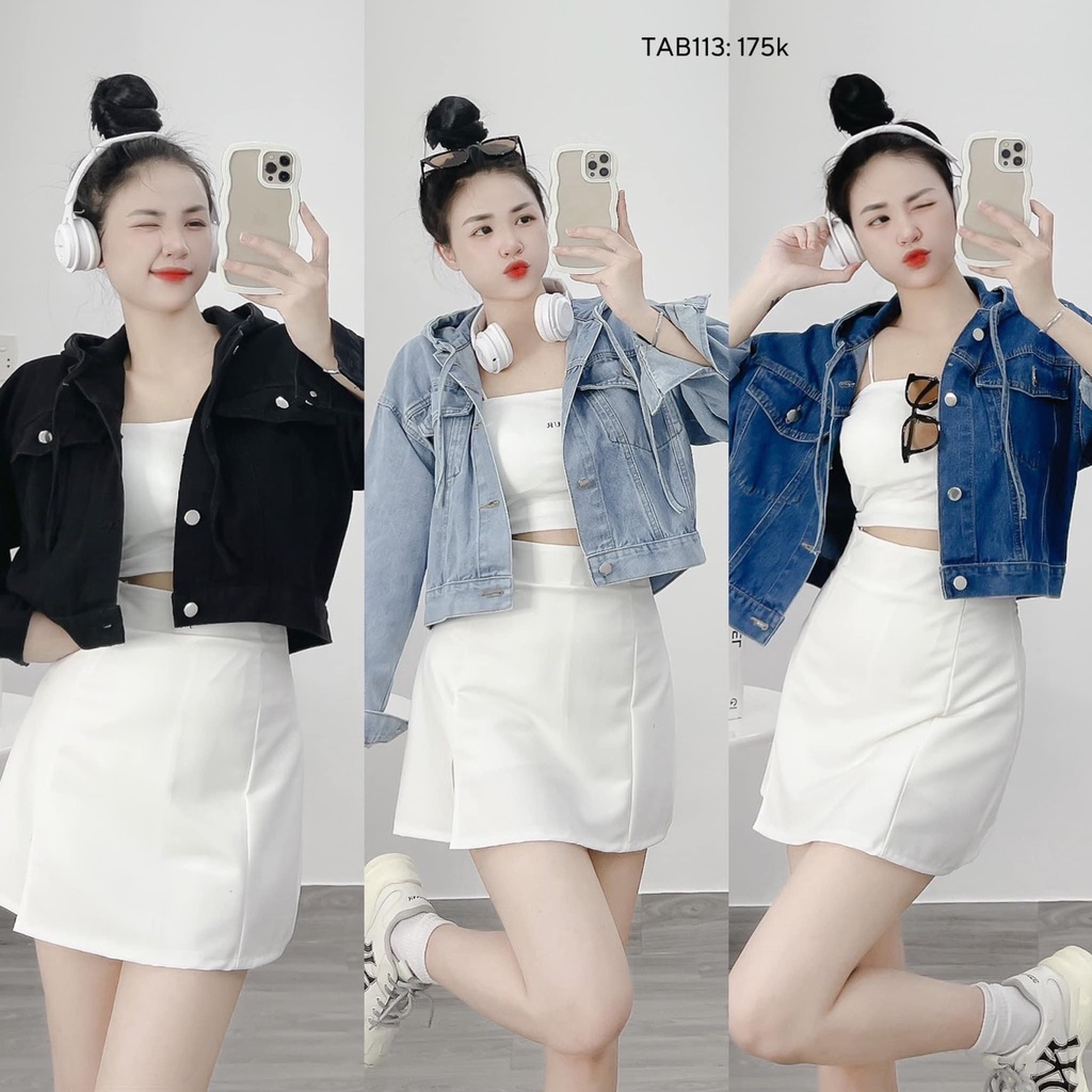 Áo khoác jean nón có ba màu, form lửng dễ thương