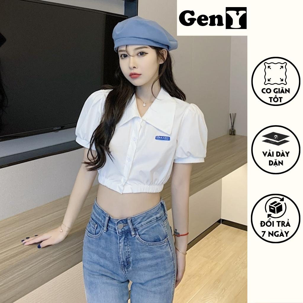 Áo sơ mi croptop GenY tay phồng thêu logo, Áo kiểu nữ hở eo chất vải kate hàn thoáng mát -SM2-