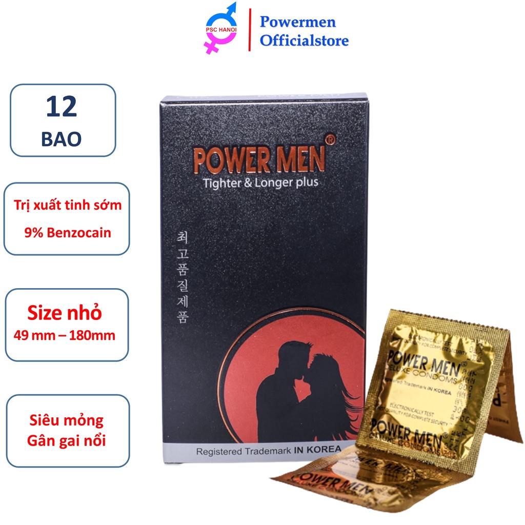 Bao cao su Powermen TIGHTER & LONGER plus Gân gai ôm khít chứa 9% Benzocain kéo dài thời gian size nhỏ 49mm