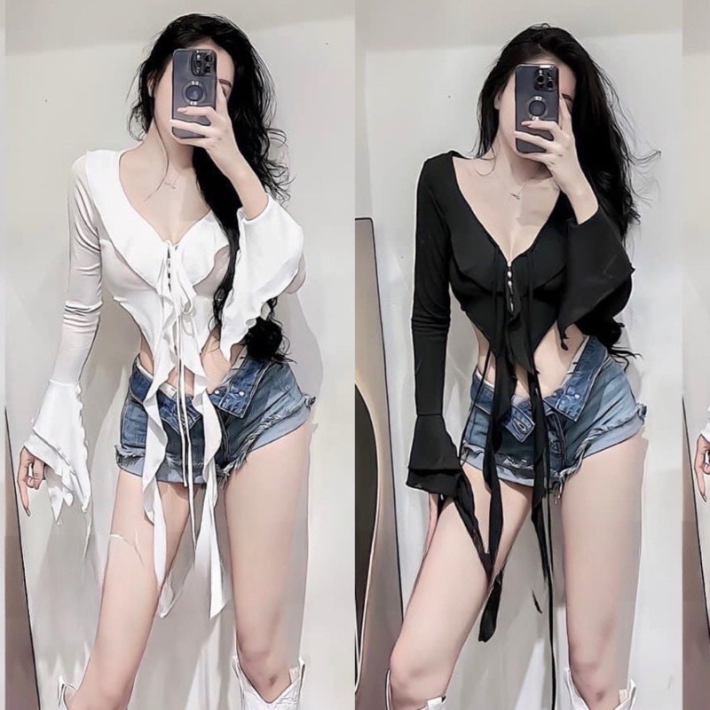 Áo tua rua con mực đính nút ngọc châu tay dài màu trơn phong cách sexy đường phố TV-FASHION