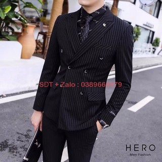 Vest nam kẻ sọc, bộ vest nam cao cấp 6 cúc kẻ sọc màu đen, suit nam cao cấp