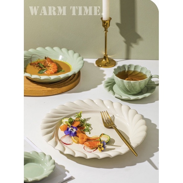 Lẻ món Bộ bát đĩa chén dĩa sứ cao cấp 3D nổi Xanh Kem bát ăn cơm tô sứ Vintage Bắc Âu