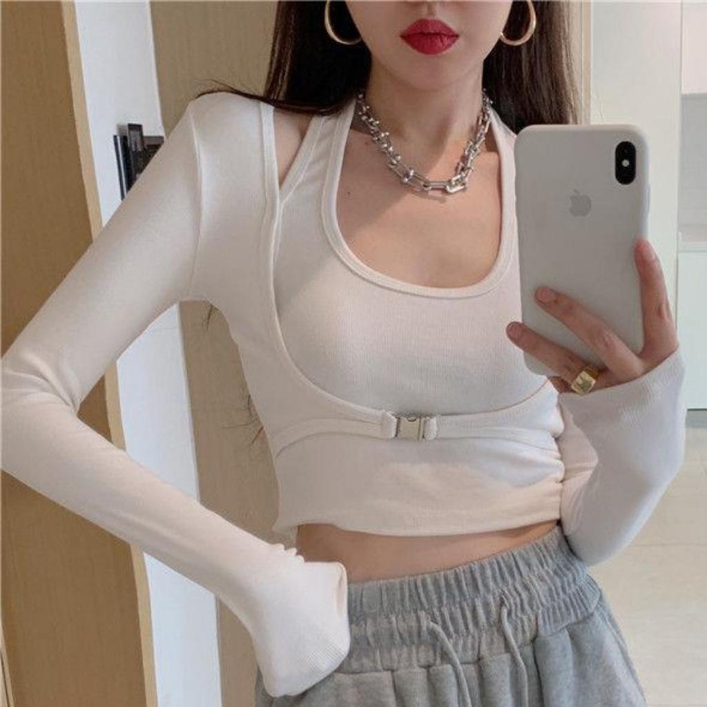 Áo croptop tay dài phối khuyên trước ngực tôn V1 GenY, Áo kiểu nữ cổ giả yếm ôm body cực tôn dáng -ADT29-