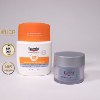 Set Kem Chống Nắng + Kem Dưỡng Eucerin Sensitive Protect Sun Fluid Spf50 50ml + Hyaluron-Filler Night 20ml - Mecskincare