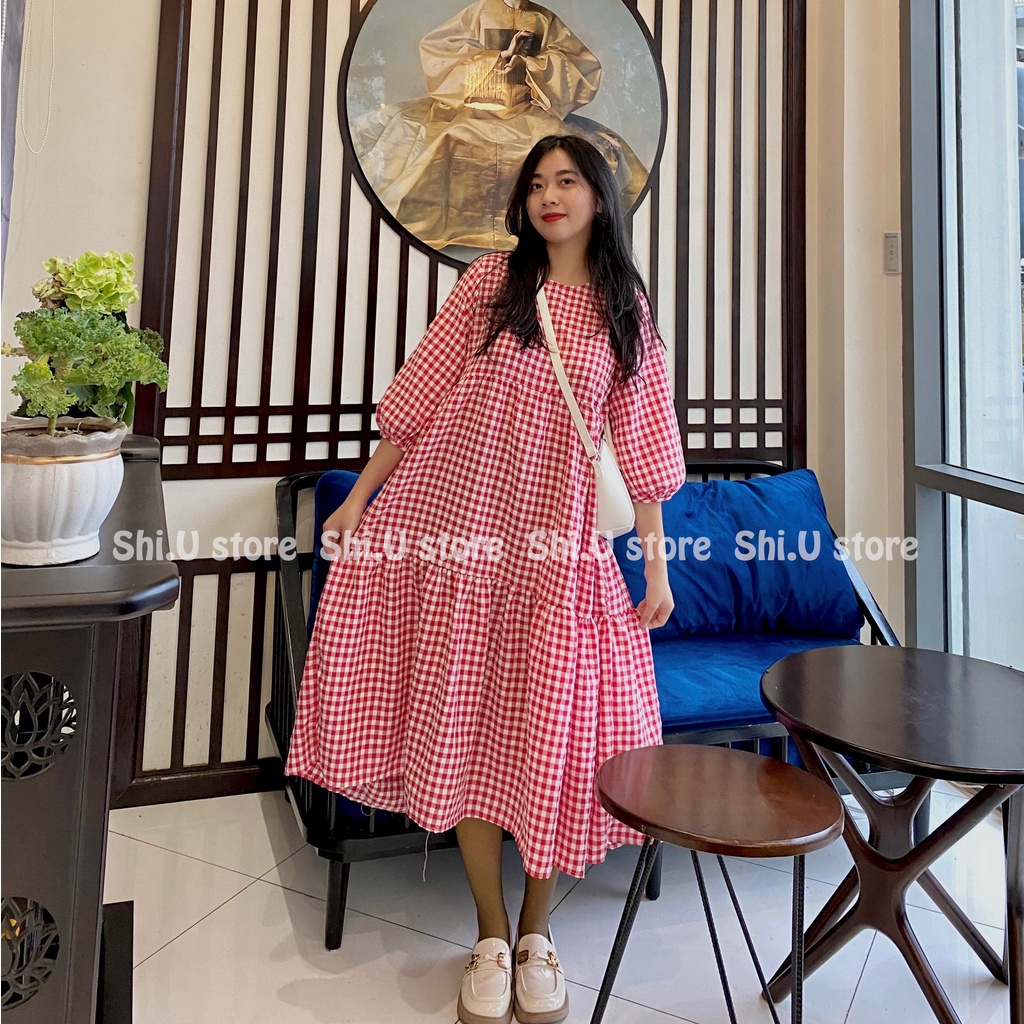 Váy babydoll tay bồng kẻ sọc caro xếp ly dáng dài cúc lưng dây buộc eo vintage phong cách Hàn Quốc