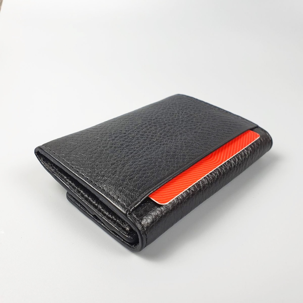 Ví da mini nam/nữ Đen mesh đỏ Cao Cấp – MN115, BH 3 Năm, Ví nhỏ