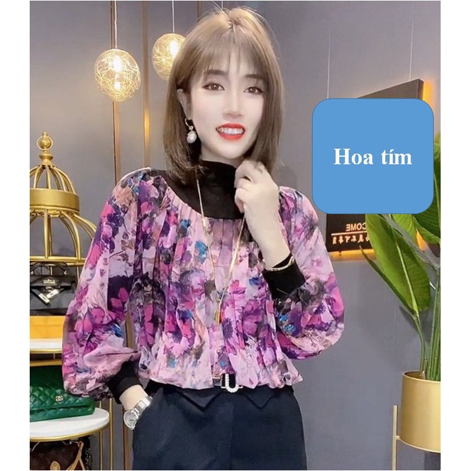 Áo Kiểu Nữ cổ cao, tay phồng, họa tiết, trẻ trung, chất lụa Hàn