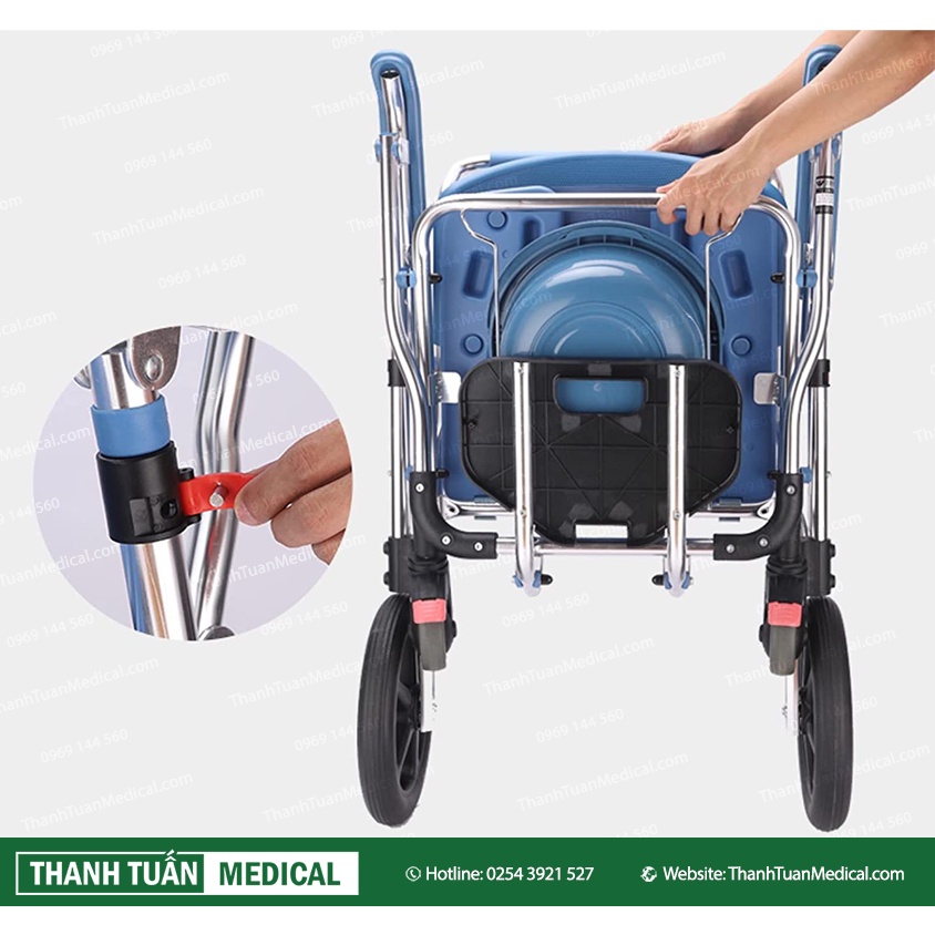 Xe lăn kết hợp ghế bô vệ sinh đa năng BÁNH LỚN GBM-018 khung hợp kim nhôm siêu bền - Có đệm, Bánh xe, Chỗ gác chân