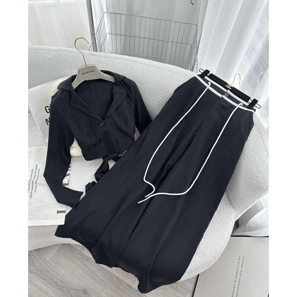 SET ÁO CROPTOP CUT OUT NƠ LƯNG ĐEN + QUẦN SUÔNG LẬT VIỀN