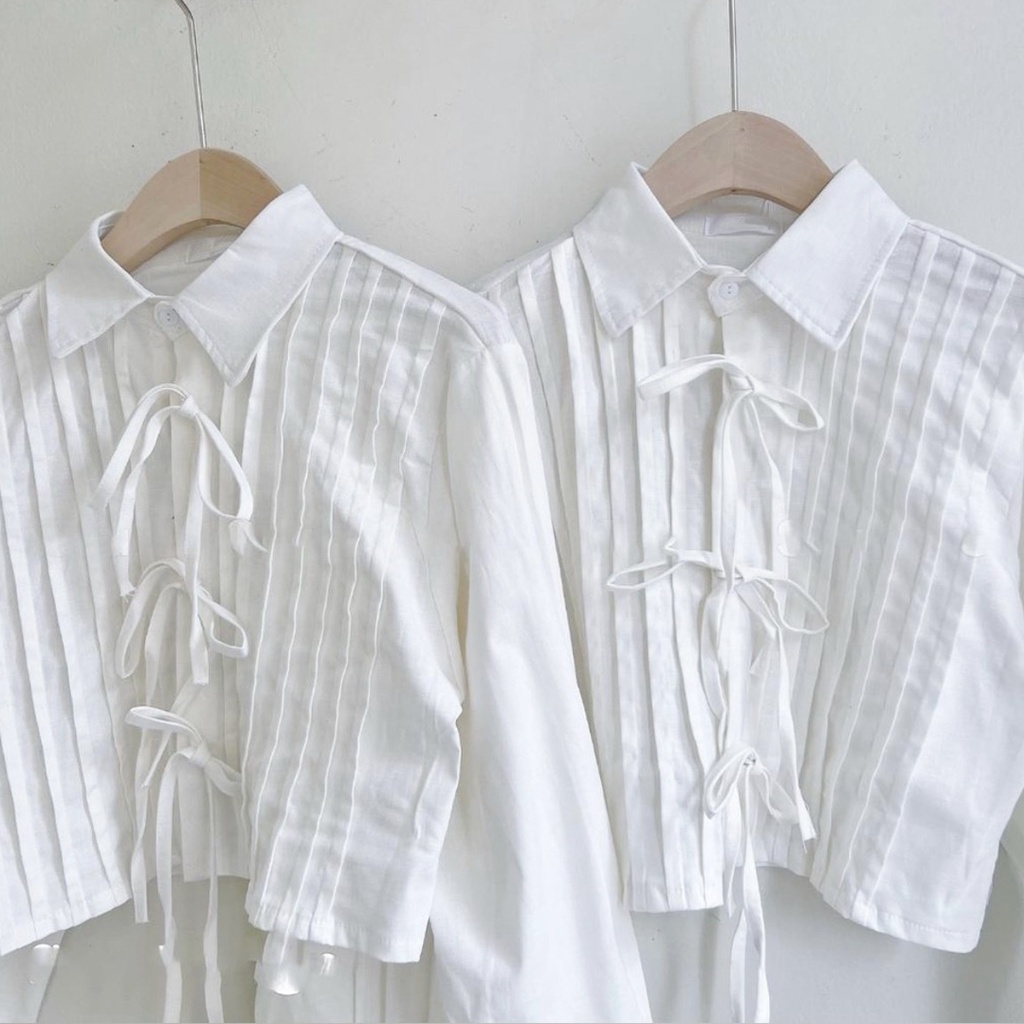 Áo sơ mi croptop, Áo sơ mi dáng lửng tay dài xếp ly bên phối dây nơ hottrend
