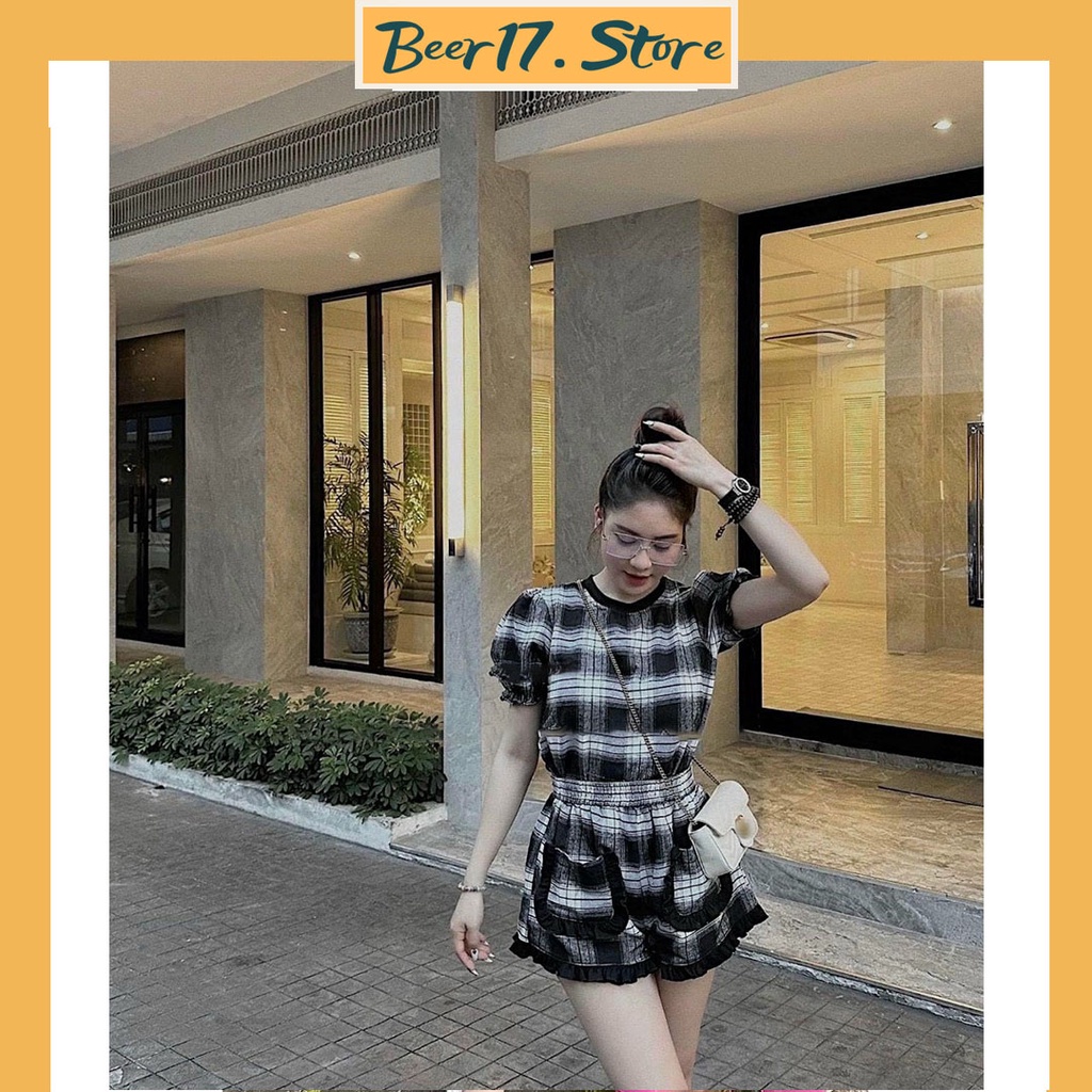 Set Bộ Nữ Caro Thô Mềm Tay Chun Bồng Điệu Mix Quần Sooc Túi Viền Nổi