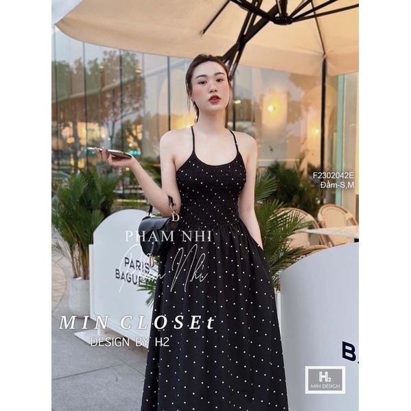 Đầm xòe chấm bi đen phối lưng dây chéo VIENS STORE