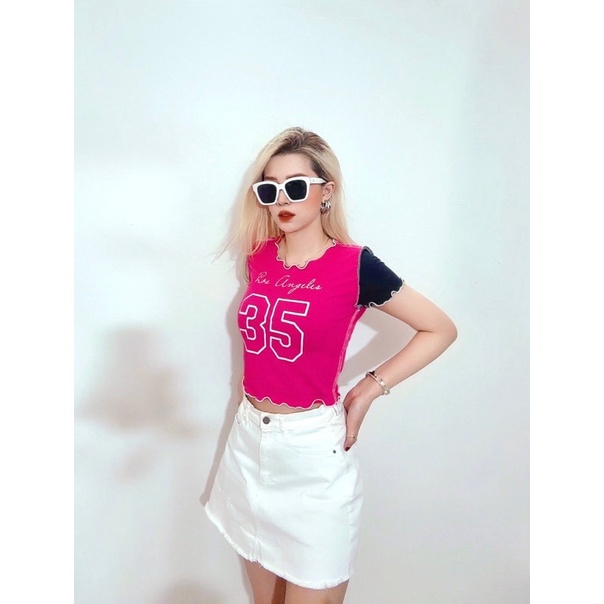 Áo croptop ôm thun bo gân xoăn lai, phối màu qua lại, 4 màu