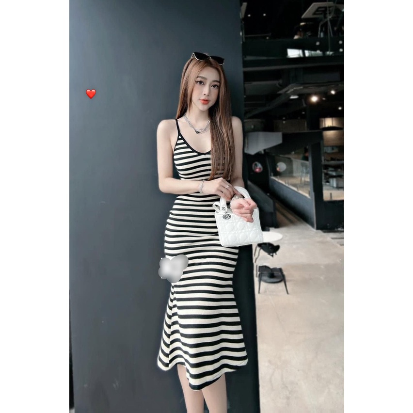 Đầm nữ thun gân 2 dây viền màu trơn sọc ngang xinh hot
