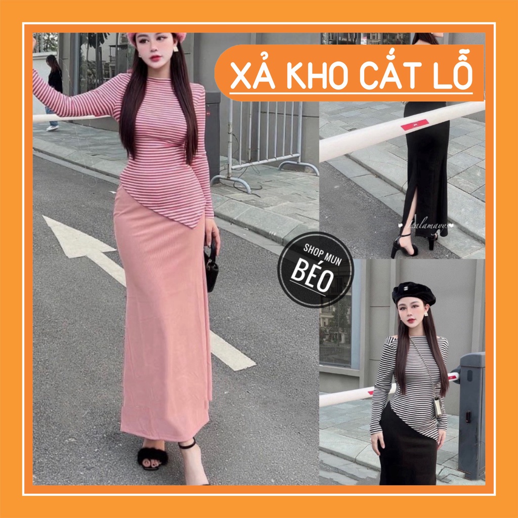 SALE SẬP SÀN Set áo xoắn hở lưng sọc ngang có mút kèm chân váy dài chất thun gân co giãn thích hợp mặc đi tiệc đi làm đi