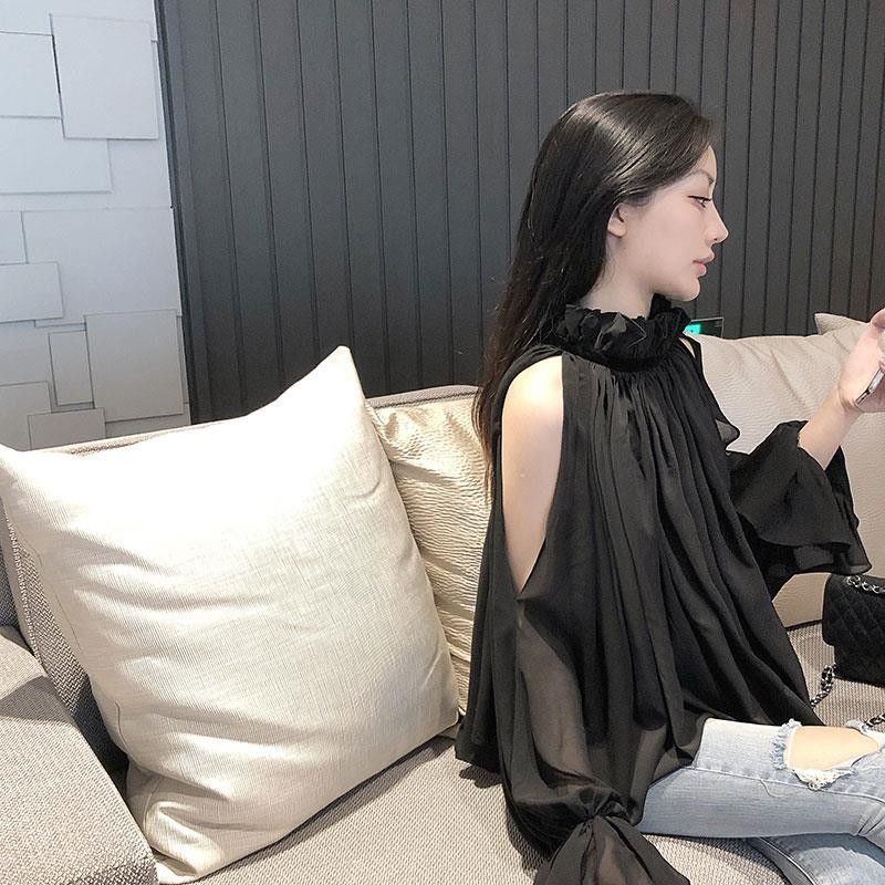 Áo Sơ Mi Chiffon Cánh Dơi Dáng Rộng Phối Ren Màu Đen Kiểu Pháp Thời Trang Cao Cấp Cho Nữ