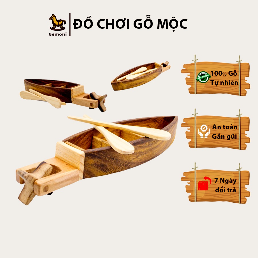 Mô hình Thuyền Gỗ, Có Mái Chèo và Chân Vịt Linh Hoạt, Đồ chơi Gỗ Gemoni