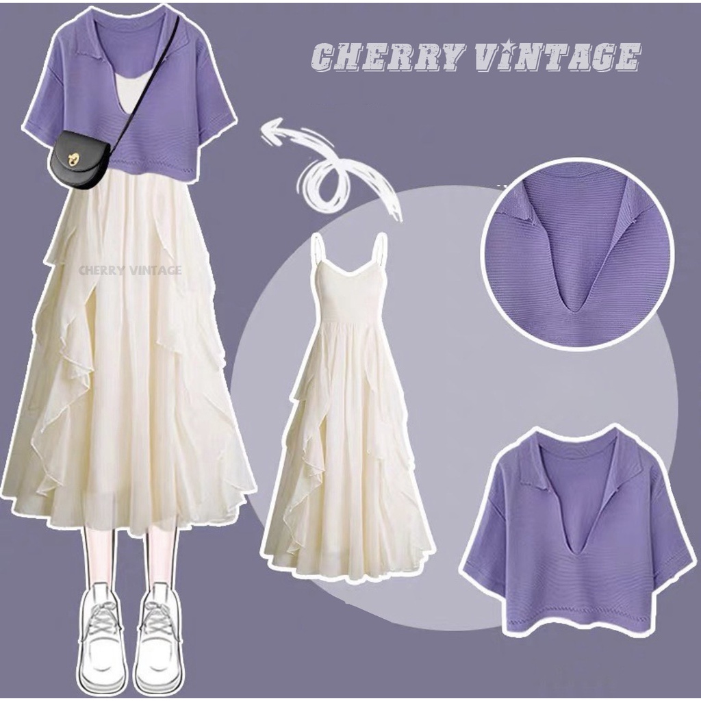 Set váy hai dây dáng dài bồng bềnh và áo croptop tay ngắn, form rộng, áo montoghi cổ bẻ hàng Quảng Châu chất đẹp