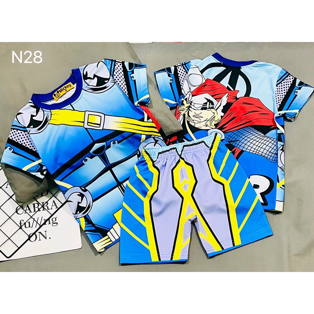 Bộ tay ngắn quần đùi lửng siêu nhân cơ bắp cho bé trai Thun lạnh 3D Mic.key Size nhí 11-21kg - Pikakids