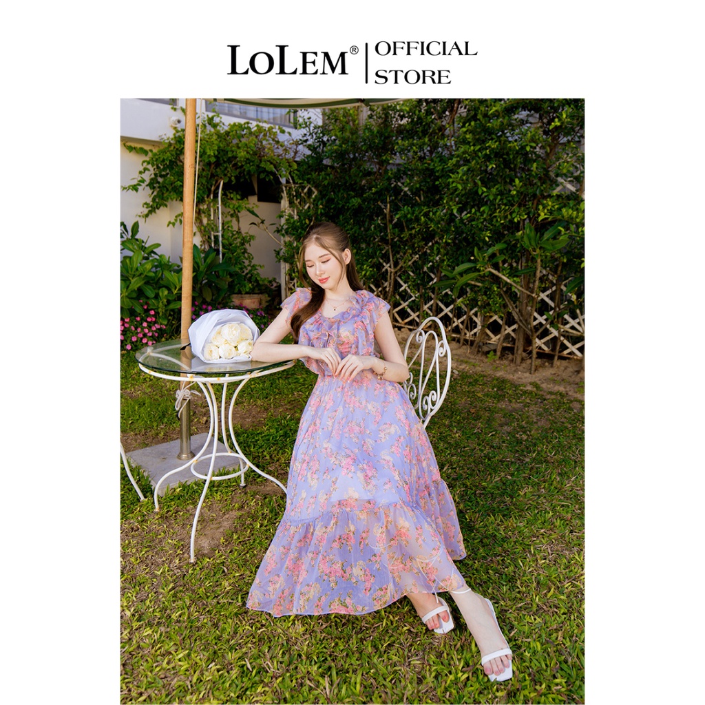 Đầm maxi cổ chữ V LOLEM DX409 họa tiết hoa vải tơ lụa mềm mại