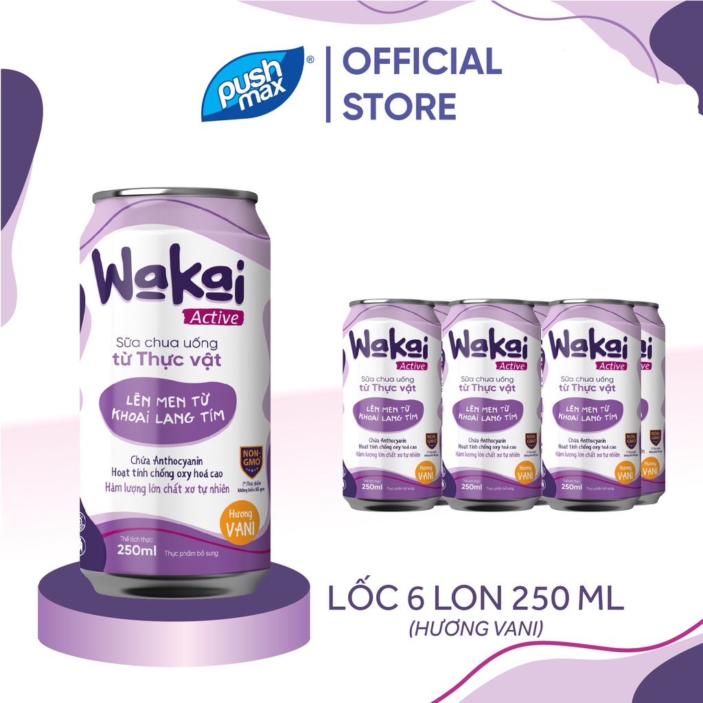 Lốc 6 Lon Sữa Chua Uống Thực Vật Wakai Active Lên Men Từ Khoai Lang Tím (250ml x 6 lon)