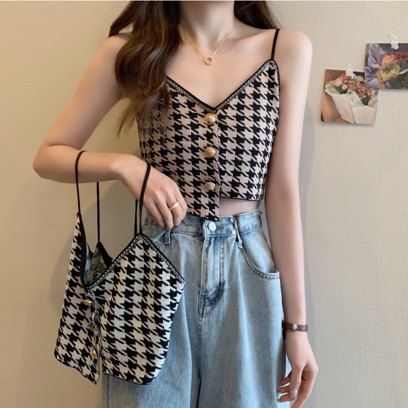 LANJIEXI Áo kiểu hai dây dệt kim dáng ngắn cài nút thời trang