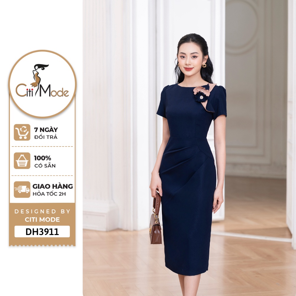 Đầm công sở CITI MODE FASHION thiết kế dáng ôm xanh navy nhún hông thêu hoa ngực DH3911