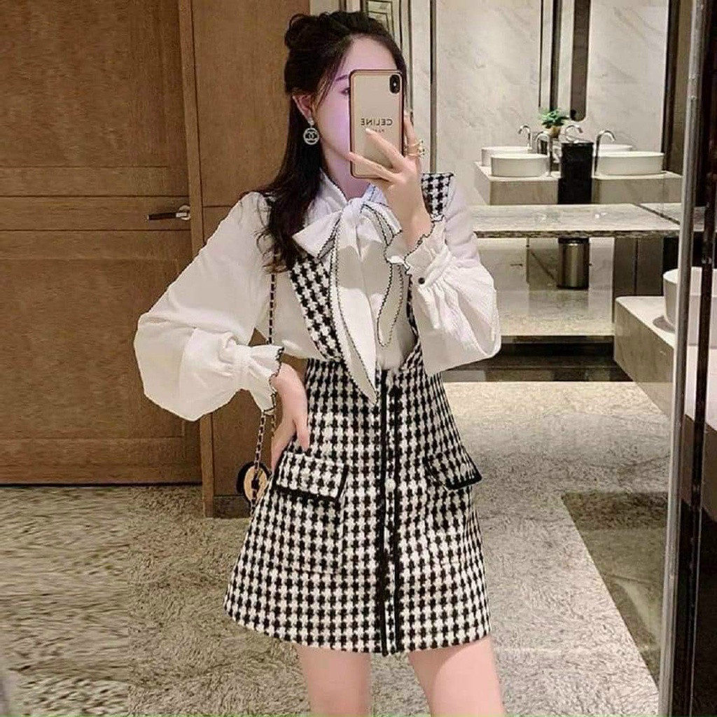 [3.3 Sales Freeship]Set yếm tiểu thư phong cách Hàn Quốc, set yếm váy 2 dây kẻ sọc chất bố dạ phối áo sơ mi trắng bèo dx