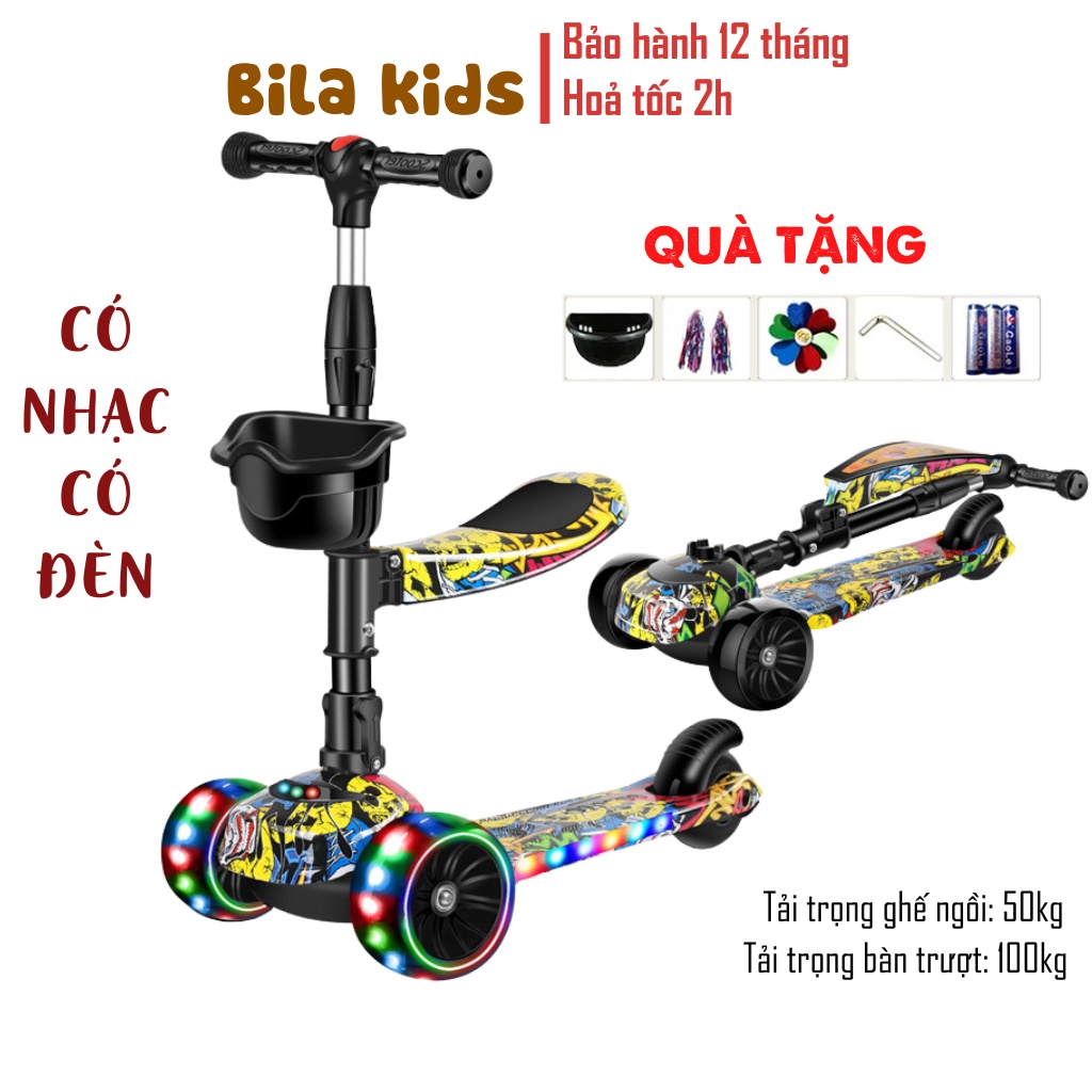 Xe trượt scooter cho bé Graffiti BILA KIDS có ghế ngồi, nhạc đèn vui nhộn, chòi chân, bánh xe phát sáng vĩnh cửu