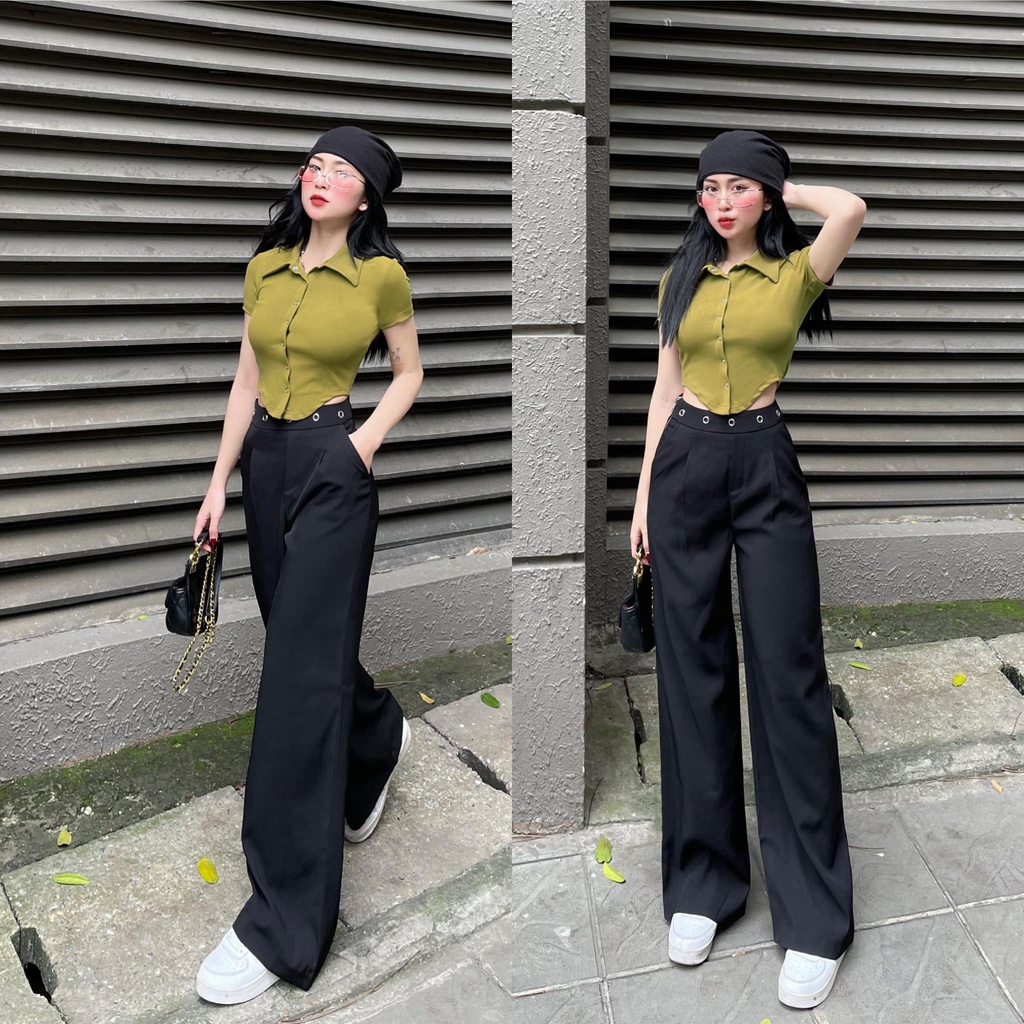 Quần ống rộng nữ & áo croptop eo cong Delys quần cạp cao phối ôzê khóa đồng & áo phối cúc bấm